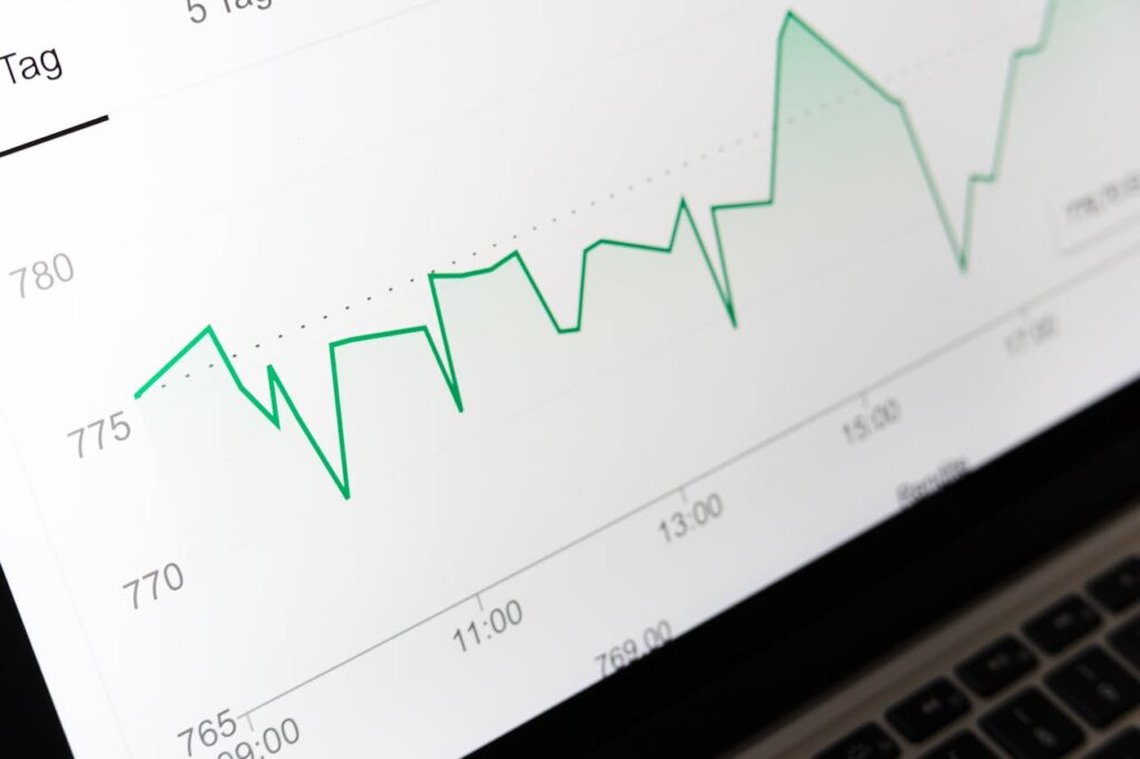 A laptop screen showcases a fluctuating green line graph, much like the ups and downs of HARO link building efforts. Time intervals marked below reveal numerical shifts between 765 and 785 over a day, with key moments at 11:00, 13:00, and 15:00.