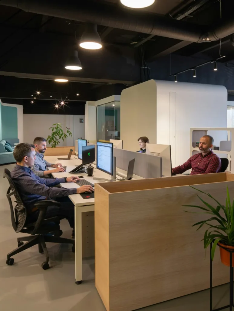 A modern office with four people working at desks with computers. The space features sleek furniture, a potted plant, and soft lighting. Some individuals are focused on screens, while others engage in conversation.