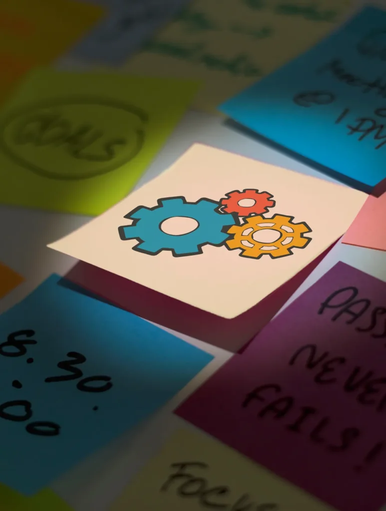Colorful sticky notes with handwritten reminders surround a central note featuring three interlocking gears in blue, red, and orange. Some notes contain times and motivational phrases, creating a theme of organization and productivity.