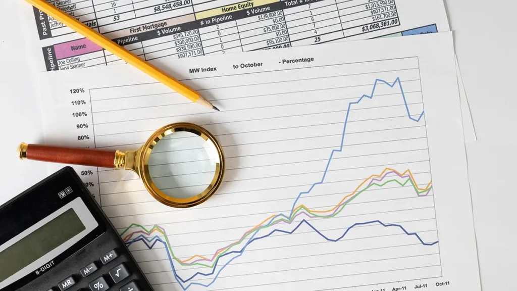 A financial analysis scene with graphs and charts on paper, a calculator, a magnifying glass, and a pencil. The graph shows multiple trend lines in various colors, indicating changes over time.