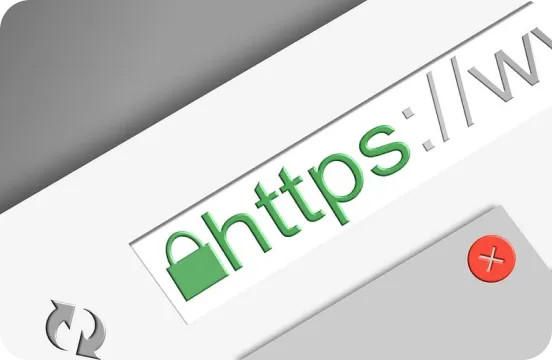 Close-up of a web browser address bar showing a green padlock icon and "https://," indicating a secure connection, essential for any SaaS. The page reload and close buttons are visible on the sides, ensuring your SEO checklist includes site security.