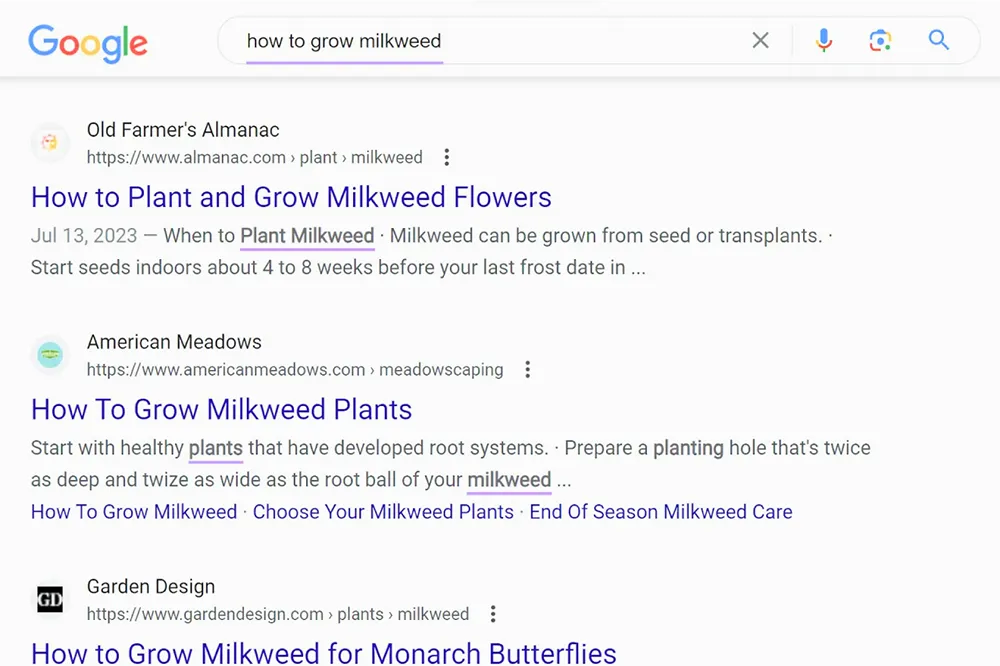 A screenshot of search results for "how to grow milkweed" showing links to articles from Old Farmer's Almanac, American Meadows, and Garden Design, each providing guidance on planting and growing milkweed plants.