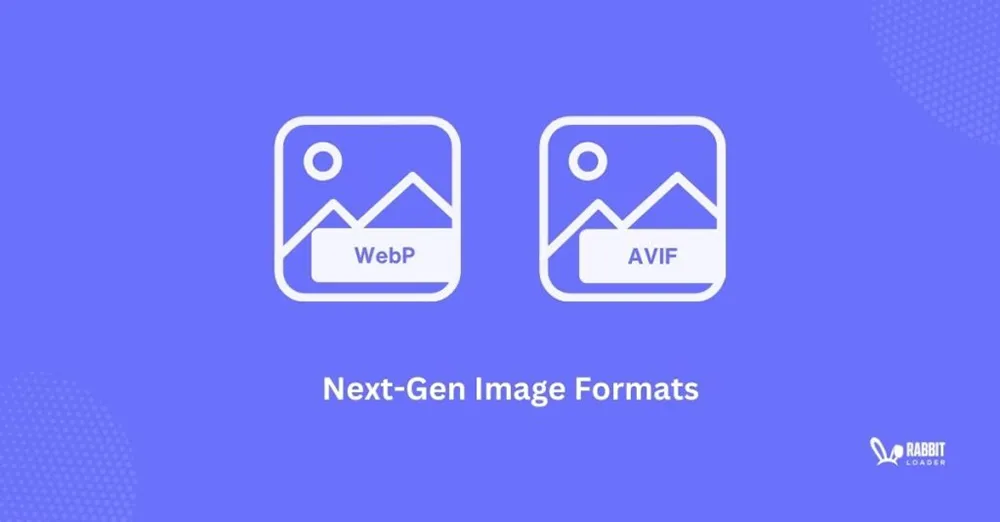 Icons for WebP and AVIF image formats on a blue background, with the text "Next-Gen Image Formats" and a small "Rabbit Loader" logo in the corner.