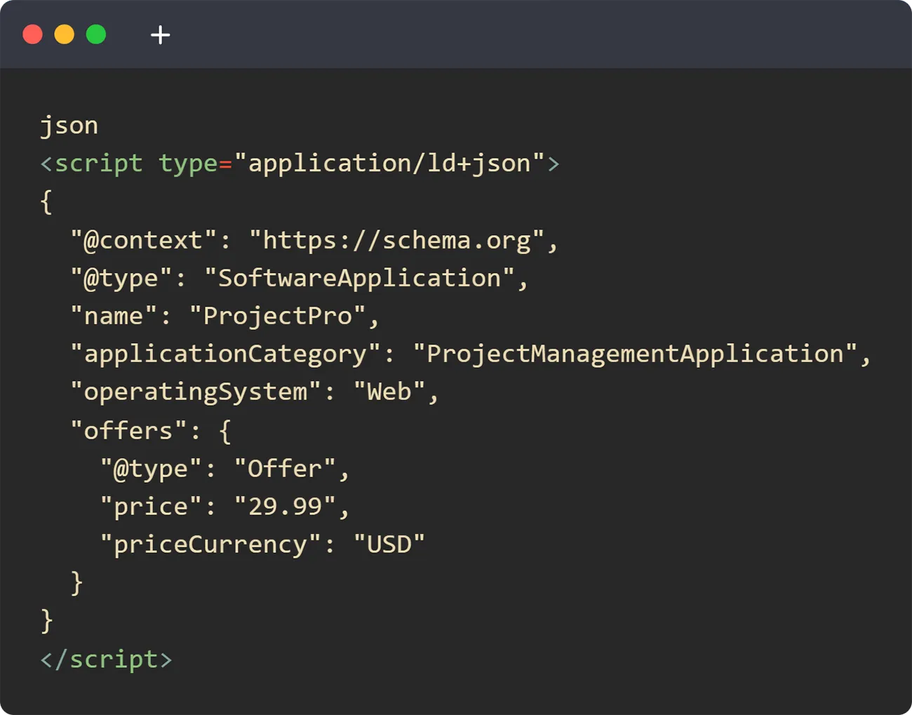 Screenshot of JSON-LD code describing a software application. Details include the type "SoftwareApplication," name "ProjectPro," operating system "Web," and an offer with price "29.99" in "USD.
