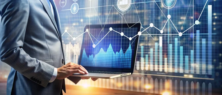 A person in a suit holds a laptop displaying a graph with upward-trending lines. In the background, digital graphs and data visuals are superimposed over a foggy cityscape, creating a futuristic financial analysis theme.