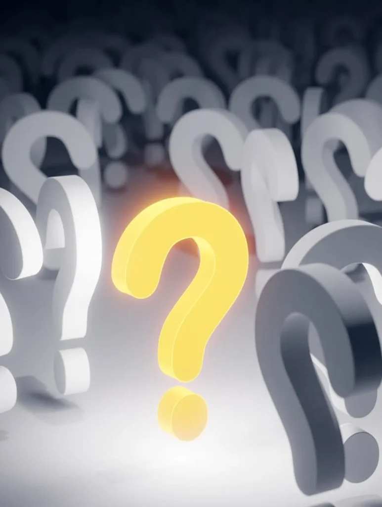 A glowing yellow question mark stands out amidst a sea of white ones, evoking curiosity and inquiry. This illuminated symbol mirrors the focus on finding answers or solutions, much like the precision of HARO link building in sourcing authoritative insights.