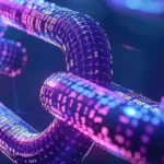 Close-up of a digital chain link in a glowing pink and purple color scheme, set against a dark backdrop. The pixelated design hints at a futuristic, technological theme reminiscent of HARO backlinks connecting information across the web.