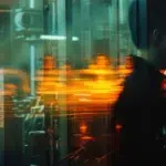 A silhouette of a person appears in a factory setting, where blurred orange lights and machinery motion bring a dynamic, futuristic ambiance to life, as if capturing the perfect scene to help a reporter convey the essence of innovation in progress.
