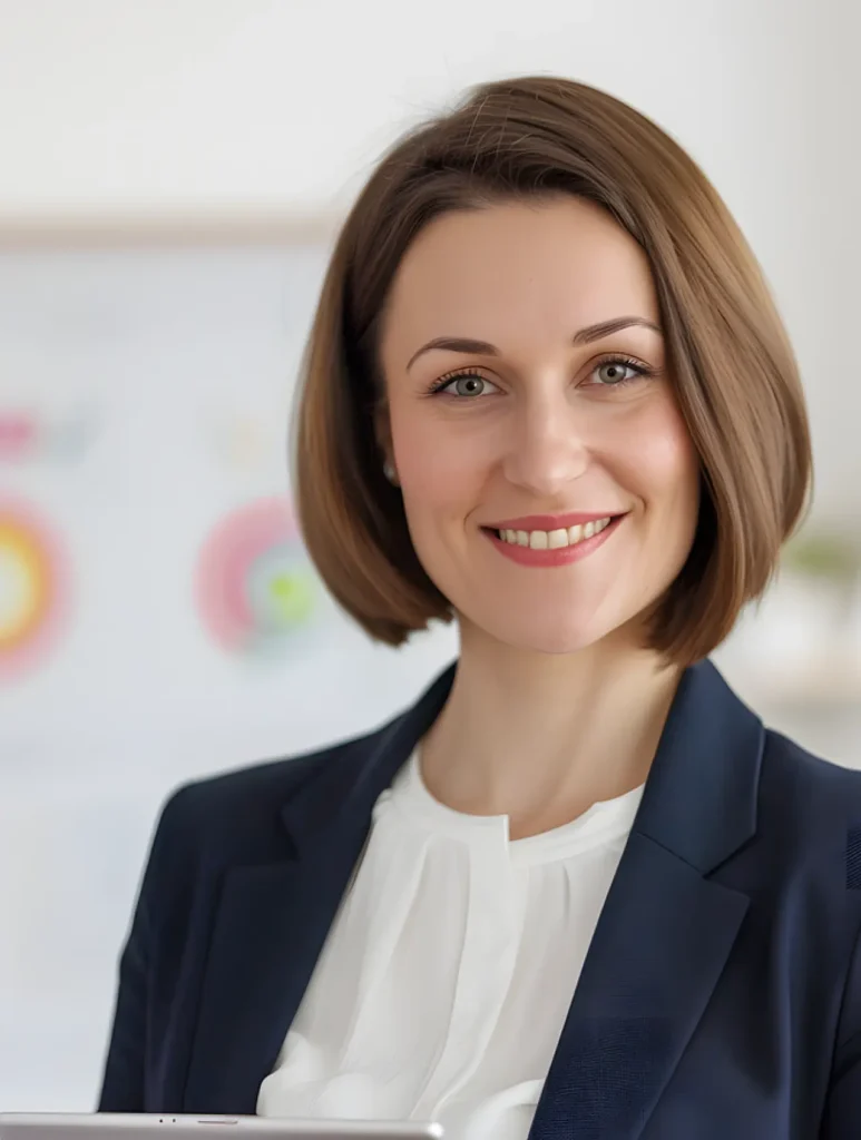 A woman with short brown hair and a blue blazer smiles at the camera. She stands indoors, holding a tablet. The background shows a blurred chart or diagram with colorful sections.