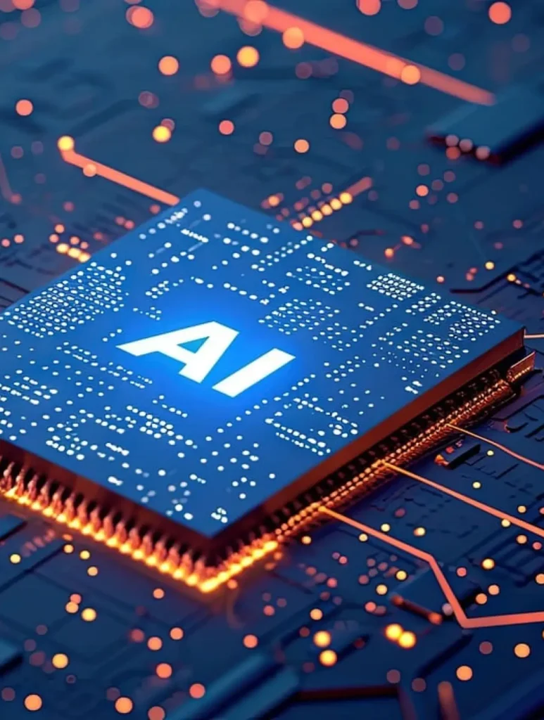 Close-up of a glowing blue computer chip labeled "AI" on a circuit board. The board features an intricate network of connected, glowing orange nodes and pathways, highlighting a theme of advanced technology and artificial intelligence.