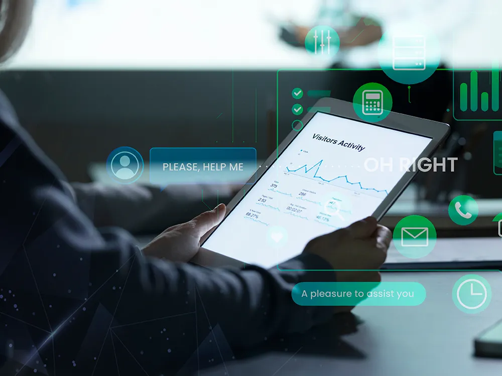 A person holds a tablet displaying analytics data. Surrounding them are digital icons representing communication and information, such as chat bubbles, email, and graphs. Text overlays include phrases like "PLEASE, HELP ME" and "A pleasure to assist you.